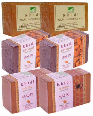 

Khadi Mauri Haldi-Chandan, Almond & Honey Double Pack Soaps - Combo Pack of 6 - Premium Handcafted Herbal(750 g, Pack of 6)