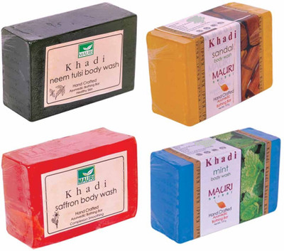 

Khadi Mauri Neem-Tulsi Sandal Saffron Mint Soaps - Combo Pack of 4 - Premium Handcafted Herbal(500 g, Pack of 4)