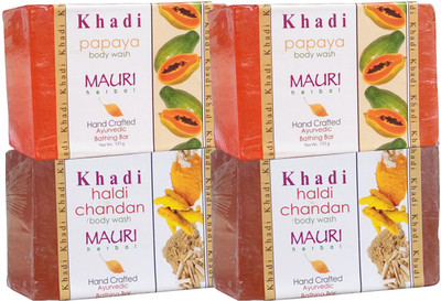 

Khadi Mauri Haldi Chandan & Papaya Soaps Twin Pack of 4 Herbal Ayurvedic Natural(500 g, Pack of 4)