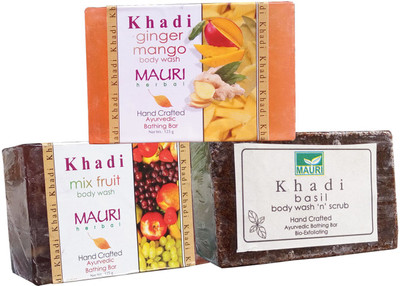 

Khadi Mauri Mix-Fruit Basil Ginger Mango Soaps Pack of 3 Herbal Ayurvedic Natural(375 g, Pack of 3)