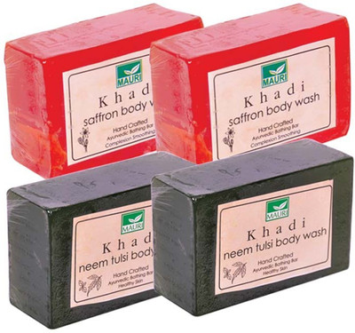 

Khadi Mauri Saffron & Neem-Tulsi Soaps Double Pack of 4 - Premium Handcrafted Herbal(500 g, Pack of 4)