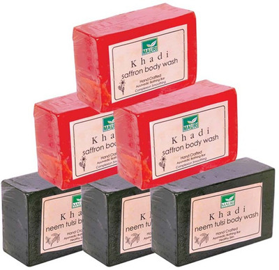 

Khadi Mauri Saffron & Neem-Tulsi Soaps Triple Pack of 6 - Premium Handcrafted Herbal(750 g, Pack of 6)