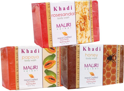 

Khadi Mauri Papaya Honey Rose-Sandal Soaps Pack of 3 Herbal Ayurvedic Natural(375 g, Pack of 3)