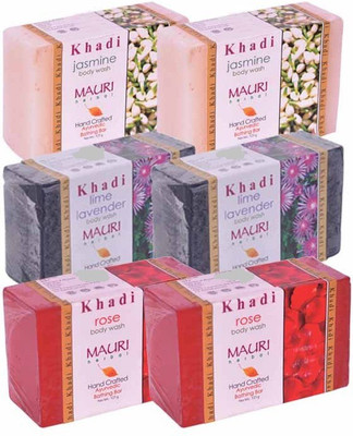 

Khadi Mauri Jasmine, Lime-Lavender & Rose Double Pack Soaps - Combo Pack of 6 - Premium Handcafted Herbal(750 g, Pack of 6)
