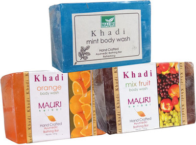 

Khadi Mauri Orange Mix-Fruit Mint Soaps Pack of 3 Herbal Ayurvedic Natural(375 g, Pack of 3)