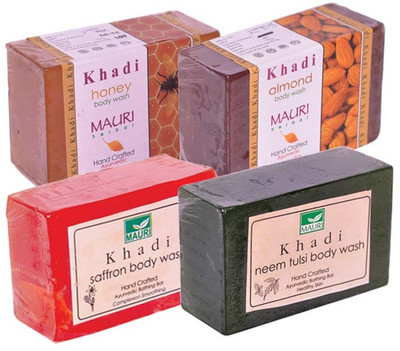 

Khadi Mauri Honey Almond Saffron Neem-Tulsi Soaps - Pack of 4 - Premium Handcrafted Herbal(500 g, Pack of 4)