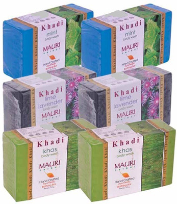 

Khadi Mauri Mint, Lime-Lavender & Khas Double Pack Soaps - Combo Pack of 6 - Premium Handcafted Herbal(750 g, Pack of 6)
