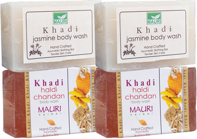 

Khadi Mauri Haldi Chandan & Jasmine Soaps Twin Pack of 4 Herbal Ayurvedic Natural(500 g, Pack of 4)