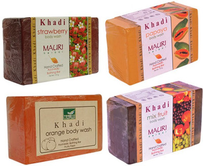 

Khadi Mauri Fruit Based Soaps - Pack Of 4 - Strawberry Papaya Orange & Mix - Premium Handcrafted Herbal(500 g, Pack of 4)