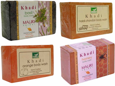 Khadi Mauri Basil(Tulsi) Haldi-Chandan Orange Honey Soaps - Combo Pack of 4 - Premium Handcafted Herbal(500 g, Pack of 4)