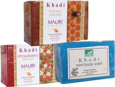 

Khadi Mauri Honey Strawberry Mint Soaps Pack of 3 Herbal Ayurvedic Natural(375 g, Pack of 3)