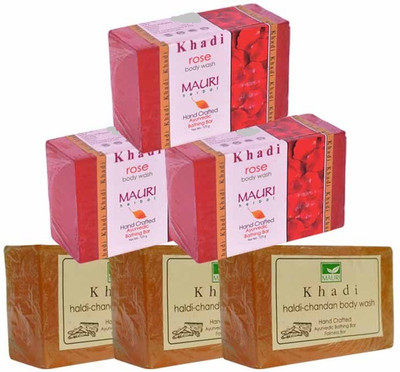 

Khadi Mauri Haldi-Chandan & Rose Triple Pack Soaps - Combo Pack of 6 - Premium Handcafted Herbal(750 g, Pack of 6)