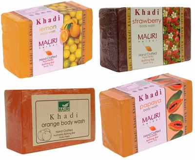

Khadi Mauri Lemon Strawberry Orange Papaya Soaps - Combo Pack of 4 - Premium Handcafted Herbal(500 g, Pack of 4)