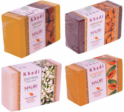 

Khadi Mauri Sandal Almond Jasmine Papaya Soaps - Combo Pack of 4 - Premium Handcafted Herbal(500 g, Pack of 4)