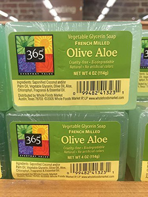 

Whole Foods Market, Austin TX 365 Everyday Value Vegetable Glycerin Soup French Milled Olive Aloe (Pack of 2)(120 ml)