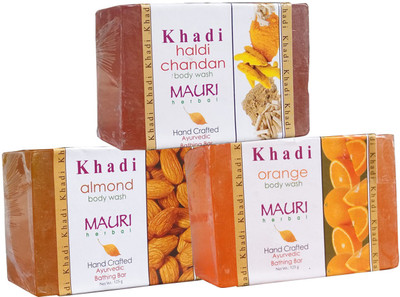 

Khadi Mauri Almond Haldi Chandan Orange Soaps Pack of 3 Herbal Ayurvedic Natural(375 g, Pack of 3)