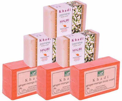 

Khadi Mauri Ginger-Mango & Jasmine Triple Pack Soaps - Combo Pack of 6 - Premium Handcafted Herbal(750 g, Pack of 6)