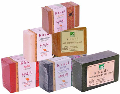 

Khadi Mauri Neem-Tulsi Rose Lime-Lavender Jasmine Haldi-Chandan Honey Soaps - Combo Pack of 6 - Premium Handcafted Herbal(750 g, Pack of 6)