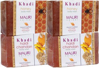 

Khadi Mauri Haldi Chandan & Honey Soaps Twin Pack of 4 Herbal Ayurvedic Natural(500 g, Pack of 4)
