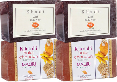 

Khadi Mauri Haldi Chandan & Oat Soaps Twin Pack of 4 Herbal Ayurvedic Natural(500 g, Pack of 4)