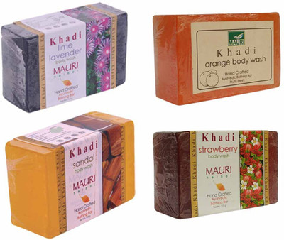 

Khadi Mauri Lime-Lavender Orange Sandal Strawberry Soaps - Combo Pack of 4 - Premium Handcafted Herbal(500 g, Pack of 4)
