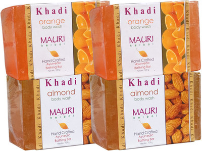 Khadi Mauri Almond & Orange Soaps Twin Pack of 4 Herbal Ayurvedic Natural(500 g, Pack of 4)