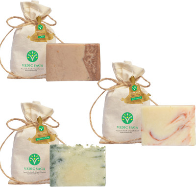 

Vedic Saga Pack of 3, Combo Handmade Soap : Aloevera & Jasmin, Mandarin & Orange and Shampoo Bar : Fenugreek & Neem(300 g, Pack of 3)