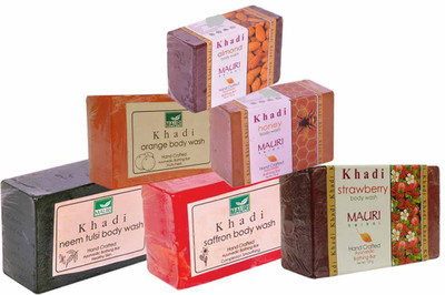 

Khadi Mauri Neem-Tulsi Saffron Stawberry Orange Honey Almond Soaps - Combo Pack of 6 - Premium Handcafted Herbal(750 g, Pack of 6)