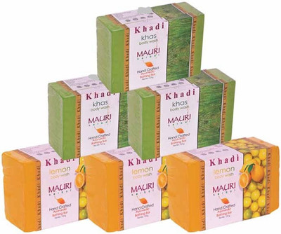 

Khadi Mauri Lemon & Khas Triple Pack Soaps - Combo Pack of 6 - Premium Handcafted Herbal(750 g, Pack of 6)