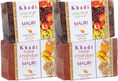 

Khadi Mauri Haldi Chandan & Mix-Fruit Soaps Twin Pack of 4 Herbal Ayurvedic Natural(500 g, Pack of 4)