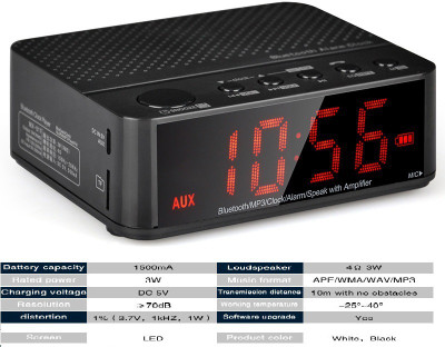 

Saturn Retail Bluetooth WIth Display Speaker Desktop Portable Alarm Clock FM Radio Black BC-01 Portable Bluetooth Mobile/Tablet Speaker (White, Mono Channel) Alarm clock-007 5 W Portable Bluetooth Speaker(Black, Mono Channel)