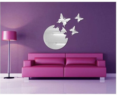 

EC  3D Acrylic Wall art Decals Silver Butterfly Flying from Round Sticker(Pack of 4