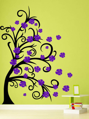 Trends on WALL 93 cm Curly tree & flowers Self Adhesive Sticker(Pack of 1)