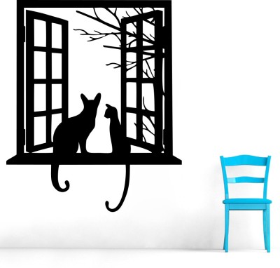 Decor Kafe 55.88 cm Decal Style Cat Looking From Window Wall Sticker Medium Size-18*22 Inch Self Adhesive Sticker(Pack of 1)