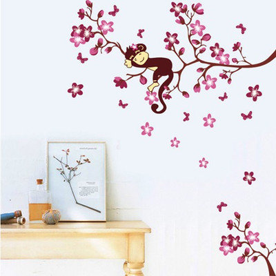 Asmi Collections 70 cm Pink Branches Monkey Removable Sticker(Pack of 1)