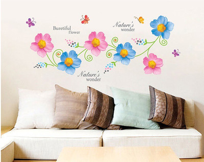 

Looks United  PVC Vinyl Blue And Pink Flowers Wall Sticker(Pack of 1, Multicolor