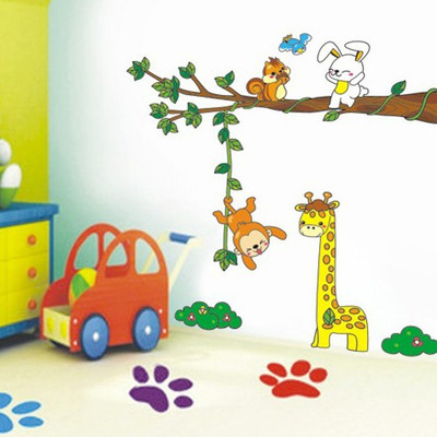 Asmi Collections 90 cm PVC Decals Tree Girrafe Monkey Rabbit For Kids Room Removable Sticker(Pack of 1)