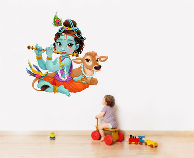 rawpockets 1 cm Lord Krishna Playing Flute With Cow Self Adhesive Sticker(Pack of 1)