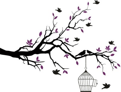 Asmi Collections 125 Asmi Collections Pvc Wall Stickers Black Branches Purple Leaves and Birds Removable Sticker(Pack of 1)