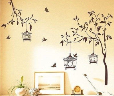Asmi Collections 90 cm Tree Birds and Cage Removable Sticker(Pack of 1)