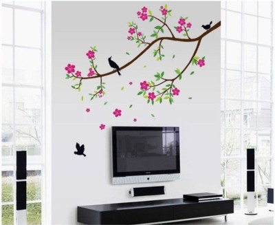 Asmi Collections 90 cm Tree Branches Birds and Pink Flowers Removable Sticker(Pack of 1)