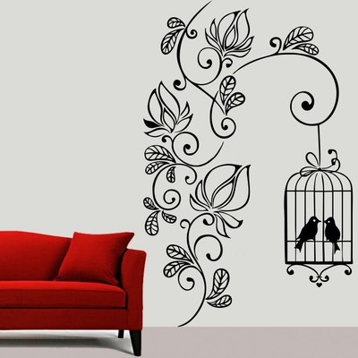 Creatick Studio 35.56 cm Flowering Branch with Bird Cage Wall Sticker Self Adhesive Sticker(Pack of 1)