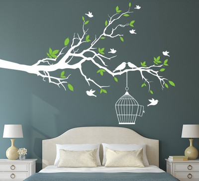 Asmi Collections 125 Asmi Collections Pvc Wall Stickers White Branches Birds and Green Leaves Removable Sticker(Pack of 1)