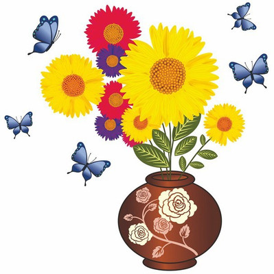 Happy Walls 70 cm Colorful Flowers In A Round Vase Removable Sticker(Pack of 1)