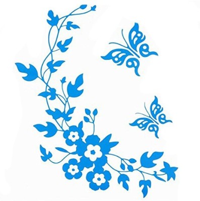 Futaba 30 cm Butterfly Flower Bathroom Wall Sticker - Blue Self Adhesive Sticker(Pack of 1)