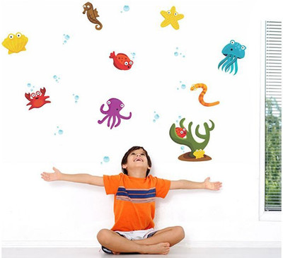 Happy Walls 10 Under the Ocean Cartoon Creatures Self Adhesive Sticker(Pack of 1)