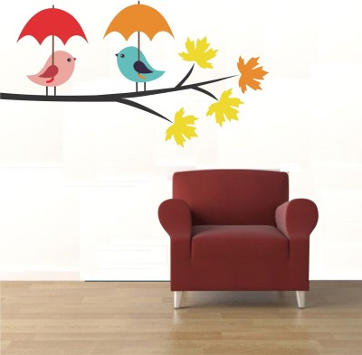 Asmi Collections 90 cm Cute Birds with Umbrella on a Branch Removable Sticker(Pack of 1)