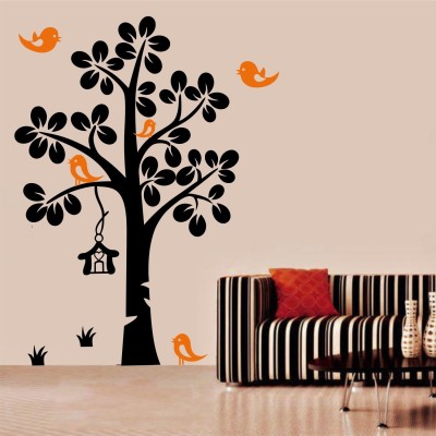 Asmi Collections 130 Black Tree Orange Birds Nest Removable Sticker(Pack of 1)