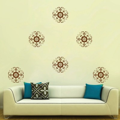 Decor Villa 30 cm Decor villa Round flower motif Wall decal and sticker 30*30 Cm Brown Color 6 Qty. Self Adhesive Sticker(Pack of 6)