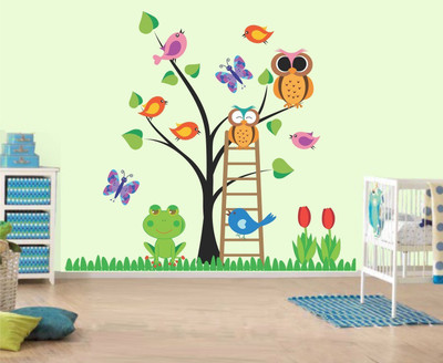 Asmi Collections 110 cm Kids Tree Birds Butterfly Flowers Removable Sticker(Pack of 1)